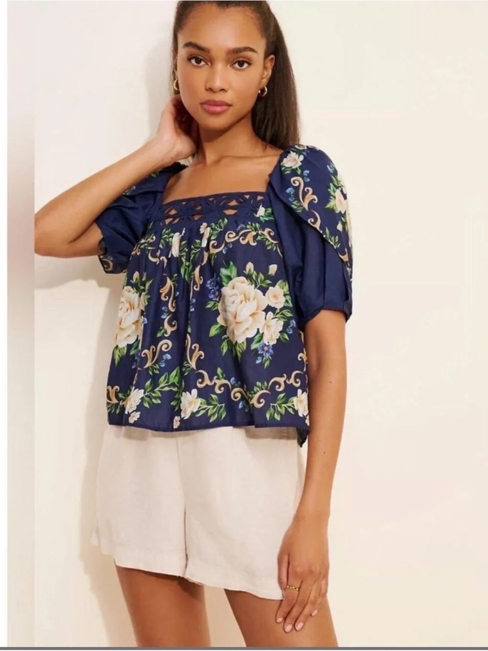FARM Rio Navy Floral Square-Neck Puff Sleeve Blouse